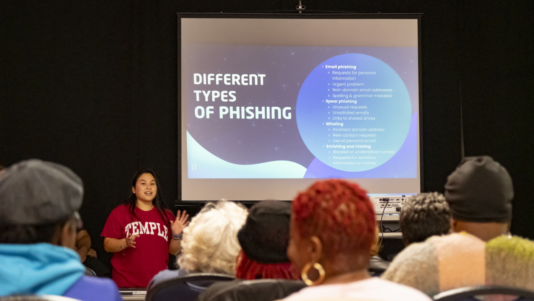 Temple University student leading a cybersecurity session for the CARE Lab.